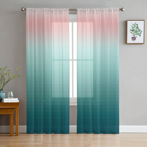 Pink Turquoise Ombre Semi Sheer Curtains 84 Inch Length 2 Panels Set,Teal Modern Geometric Striped Abstract Art Sheer Kitchen Curtain Privacy Voile Window Curtain for Living Room Rod Pocket Drapes