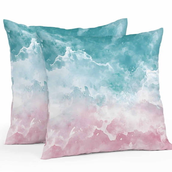 Pink Turquoise Ombre Throw Pillow Covers 18x18 Inch Set of 2, Abstract Beach Waves Gradient Waterproof Outdoor Pillow Covers, Decorative Cushion Pillowcases for Couch, Sofa, Bed, Garden, Patio