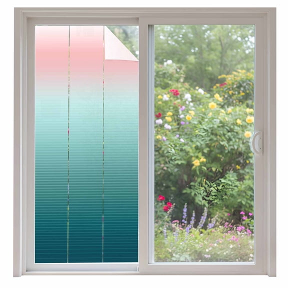 Pink Turquoise Ombre Window Privacy Film, Teal Modern Geometric Striped Abstract Art Static Cling UV Sun Blocking Heat Control Window Tint, Non-Adhesive One Way Windows Privacy Cover 35.4''x78.7''