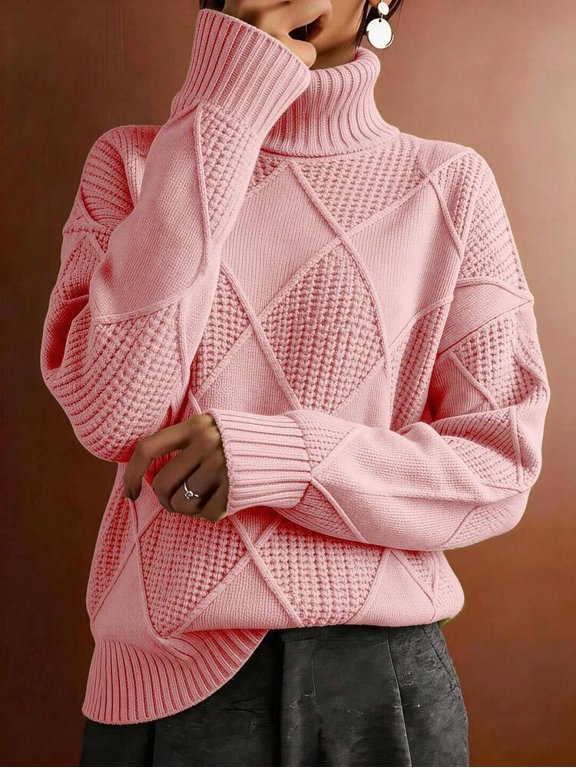 Pink Turtleneck Long Sleeve Sweater with Diamond Knit Pattern