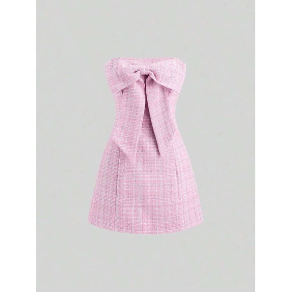Pink Tweed Strapless Mini Dress With Front Bow Knot A-Line Fit