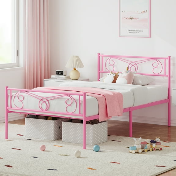 Pink Twin Bed Frame with Headboard and Footboard for Girls, Twin Size Bed Metal Platform with Steel Slat Support, Mattress Foundation with Storage, No Box Spring Needed, Easy Assembly
