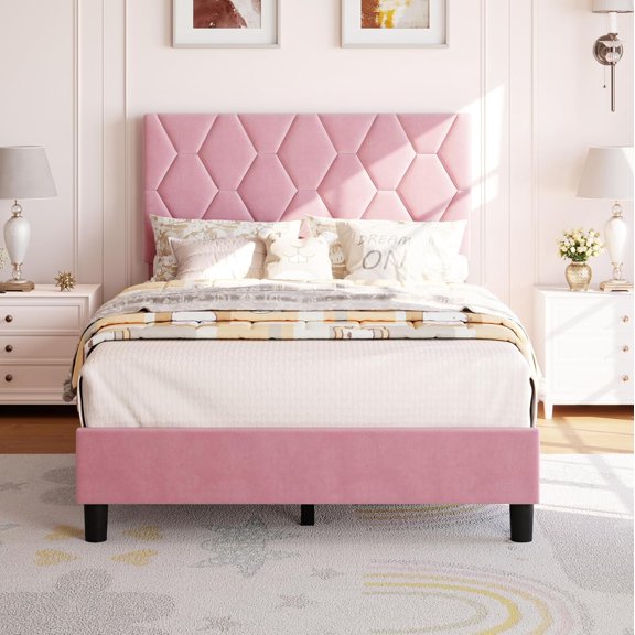 Pink Twin Bed Frame, Twin Size Upholstered Bed Frame, Twin Size Heavy-Duty Platform Bed Frame with Height Adjustable Fabric Headboard, Strong Wood Slat Support/No Box Spring Needed