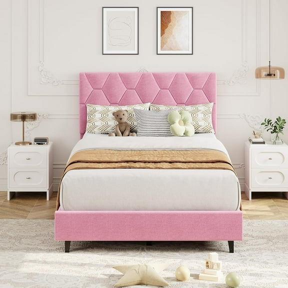 Pink Twin Bed Frame with Upholstered Headboard, Heavy-Duty Platform Bed Frame with Strong Wood Slats, No Box Spring Needed/Noise Free/Easy Assembly