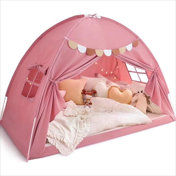 Pink Twin Bed Tent for Girls Toddlers, Portable Indoor Bunk Bed Canopy, Floor Playhouse Sleeping Tent, Kids Birthday Toy Gift, 76.3" x 38.5" x 47.2"