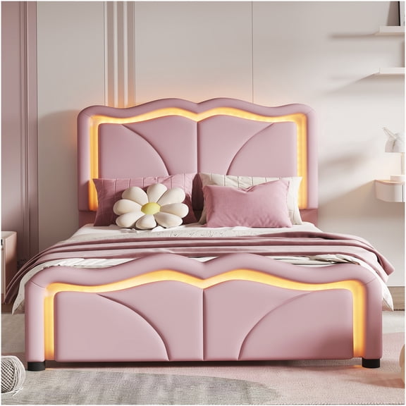 Pink Twin LED Platform Bed with Curved Headboard, Adjustable Height, Underbed Storage
