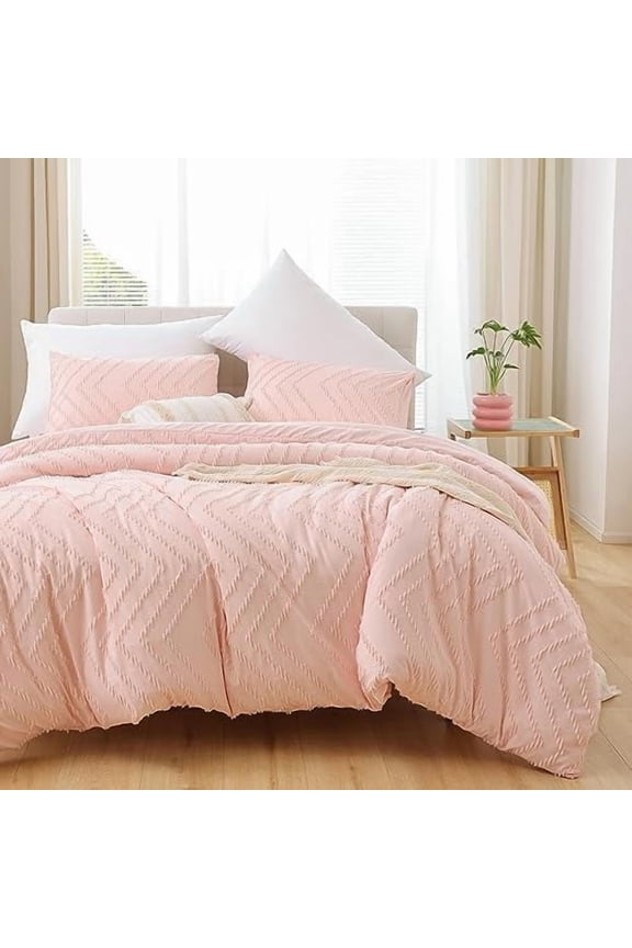 Pink Twin Size Comforter Set 2Pcs, Boho Farmhouse Blush Twin Size Bedding Set, Vertical Tufted Twin Bed Set, Lightweight Neutral Twin Bedroom Set (1 Comforter 1 Pillowcase)