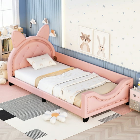 Pink Twin Size Daybed With Cute Headboard And Charming Carton Ears - Padding Fabric Upholstered In Stylish Silhouette For Bedroom Decor
