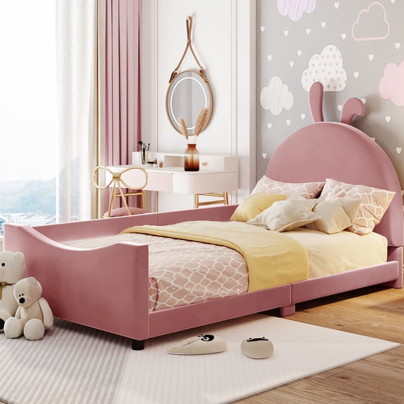 Pink Twin Size Daybed With Rabbit Ear Headboard - Strong And Stable Wood Frame Simple Assembly In Charming Build