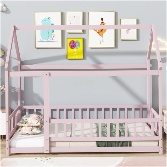 Pink Twin Size Low-Profile Floor Bed with Roof Frame and Safety Rails, Modern House Design Play Bed for Small Spaces