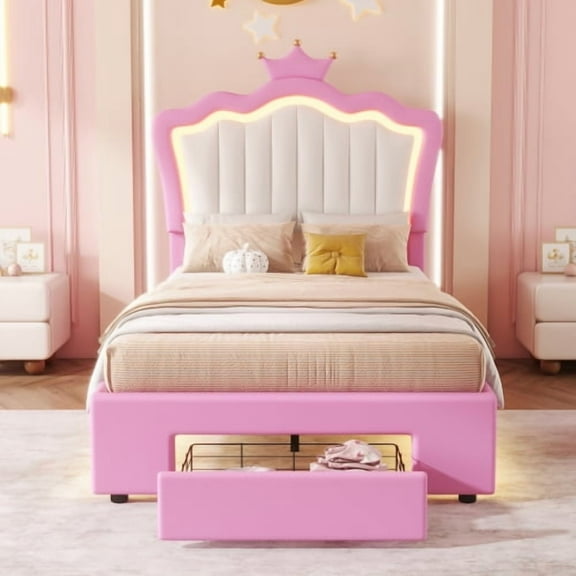 Pink Twin Size Upholstered Bed Frame with LED Lights, Modern Upholstered Princess Bed with 1 Drawers