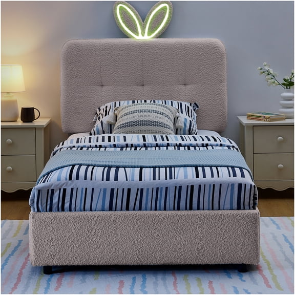 Pink Twin Size Upholstered Platform Bed with LED Lights, Bunny Ear Headboard, and 4 Storage Drawers