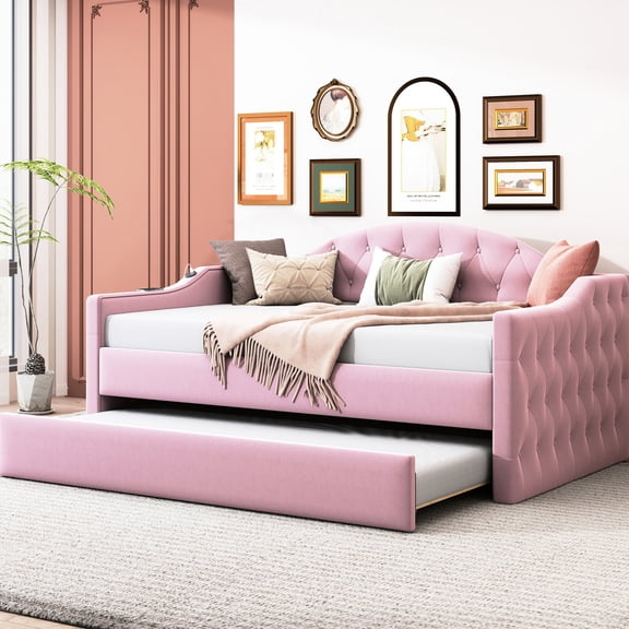 Pink Twin Tufted Daybed with Trundle and Charging Function | Stylish and Functional, Charge Devices on the Go