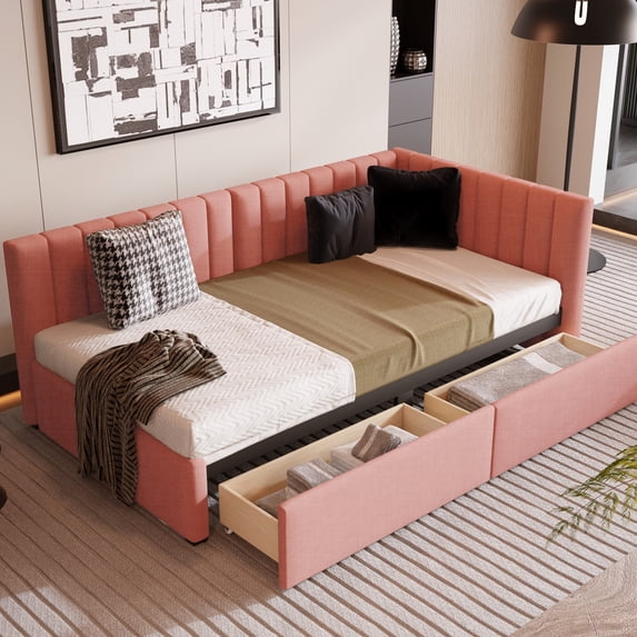 Pink Twin Upholstered Daybed with Storage Drawers | Useful for Keeping Bedroom Tidy