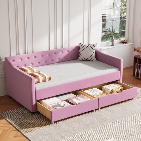 Pink Twin Upholstered Tufted Daybed with Storage Drawers - Linen Fabric, Button Tufting, Waved Arms, Box Spring Not Required - Ideal for Bedroom