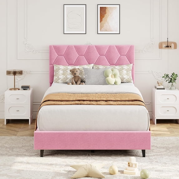 Pink Twin XL Bed Frame with Upholstered Headboard, Heavy-Duty Platform Bed Frame with Adjustable Headboard, Strong Wood Slat Support/No Box Spring Needed/Noise Free