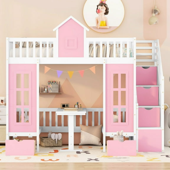 Pink Twintwin Bunk Bed With Mutable Desk, Stable & Enchanting Loft Movable Table, Superior Quality