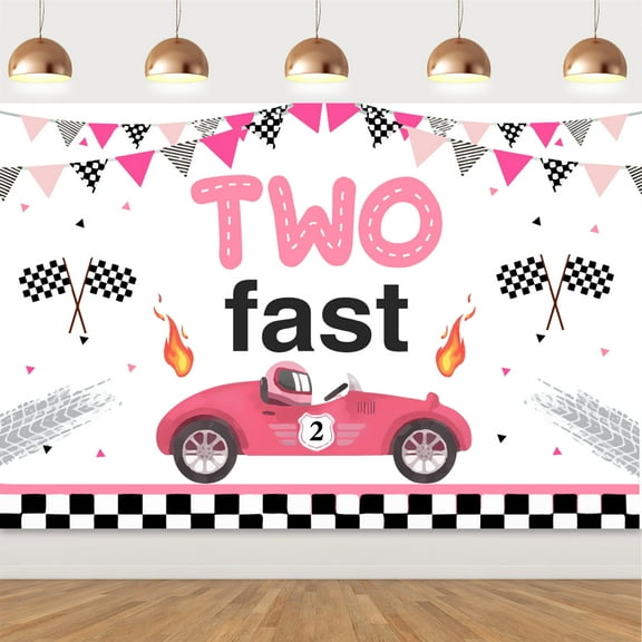 Pink Two Fast Birthday Party Decoration for Girl , Race Car 2nd Birthday Party Photography Background, 39 inch*59 inch Cake Table Decor, Photo Booth Studio Props