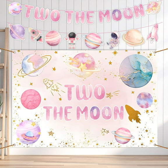 Pink "Two the Moon" Outer Space Birthday Banner - Fabric Backdrop with Planets, Stars & Astronaut Design for Girls' Space-Themed Party Decorations, Space Party Decorations