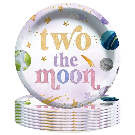 Pink Two The Moon Girl Plates Party Supplies Birthday Decorations Tableware Disposable Dinnerware 8pcs