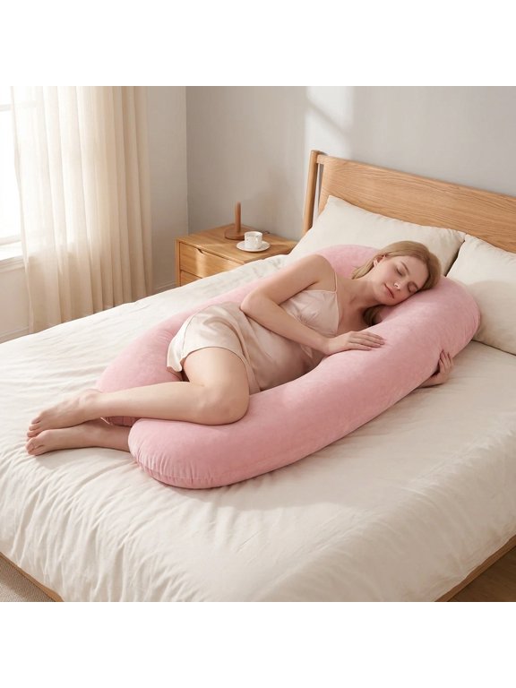 Pink U Maternity Side Sleep Pillow, Portable Lumbar Support Cushion, Supports Back Neck Leg, Washable Filling, Gift for Expecting Moms, Free Random Hair Drying Cap