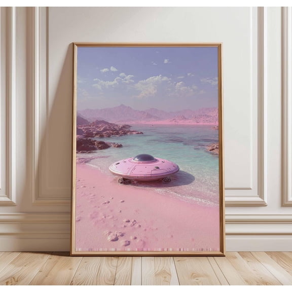 Pink UFO Beach Surreal Sci Fi Landscape Retro Futuristic Decor, Unframed Poster