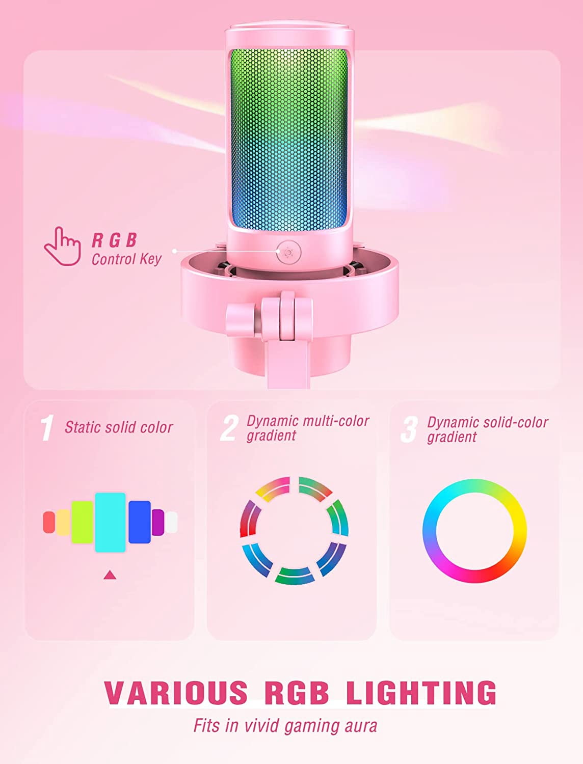 Pink USB Condenser Microphone with  Arm Stand, RGB Gaming Mic for PC Streaming Recording