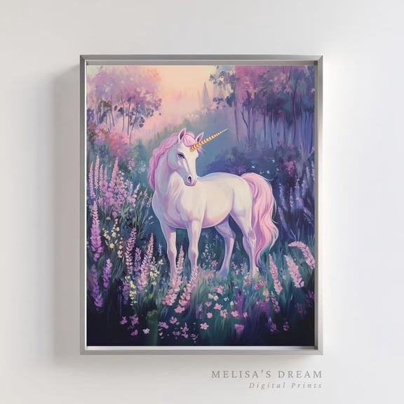 Pink Unicorn Art Print – Enchanted Forest Nursery Décor 12x18 UNFRAMED