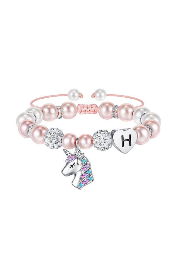 Initial Unicorn Beaded Rope Bracelets for Girls Pink Pearl Heart Charm Adjustable Beaded Jewelry Birthday Gifts for Women Little Girls Daughter Granddaughter