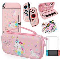 Pink Unicorn Carrying Case Compatible with Nintendo Switch (Not OLED or Lite) with Dockable Protective Grip Case +Screen Protector +Unicorn Stickers, Hard Storage Case Accessories Kit Bundle for Girls