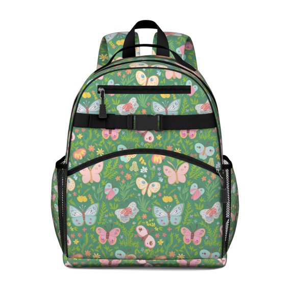 Cartoon Butterfly Flower Leaf Green Pattern Backpack for School,Cute School Bag,Schoolbag with Adjustable Shoulder Straps & Padded Back,15.25"x11.5"x5.25"