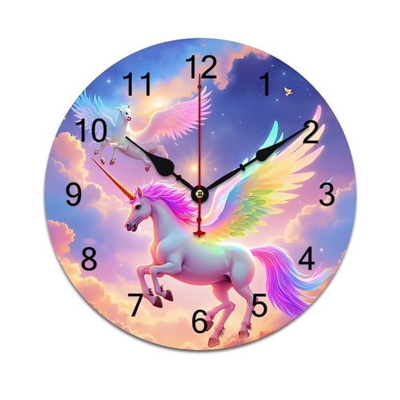Pink Unicorn Colorful Sky Clouds Time Decorative Wall Clocks Round Large Wall Watch Bedroom Home Decor 10 12 14 Inch