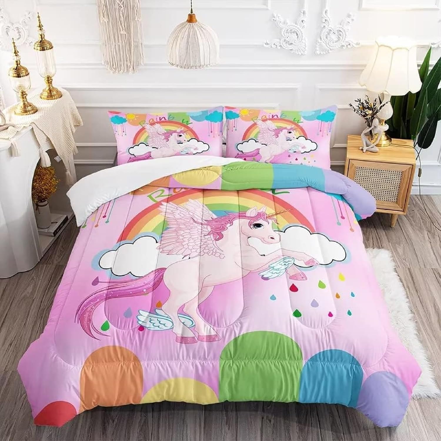 Pink Unicorn Comforter Set Twin Size Cute Rainbow Unicorn Print Down Comforter Kids Caroon Duvet Cover Girls Room Decor Kids Bedding Set with 1 Comforter 1 Pillow Case Walmart