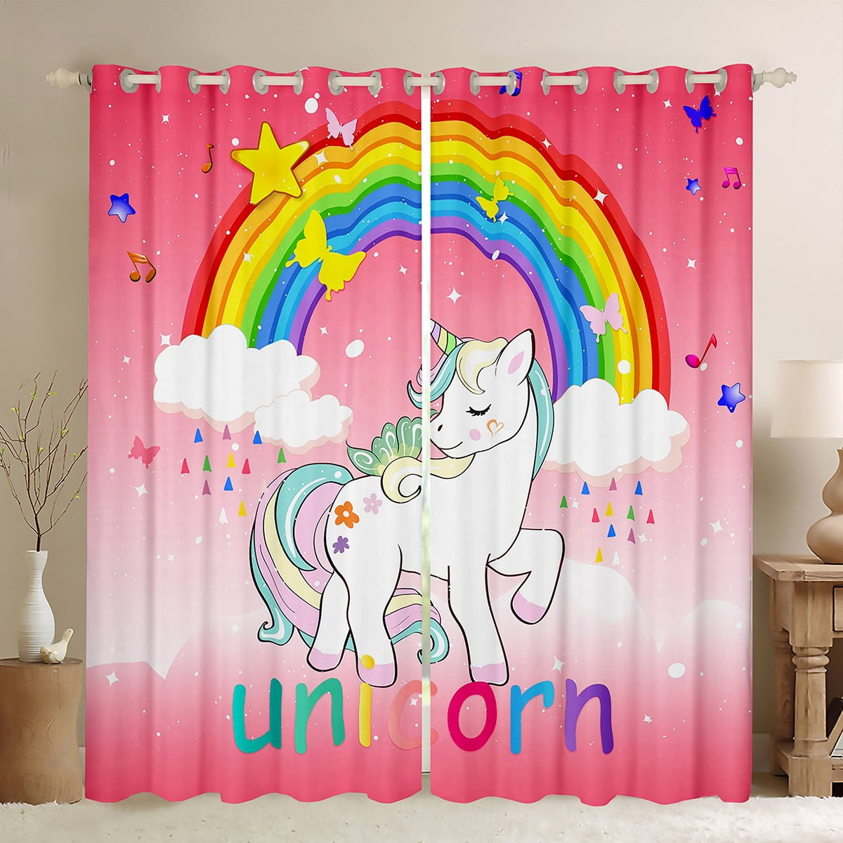 Pink Unicorn Curtains for Girls Kawaii Rainbow Unicorn Blackout