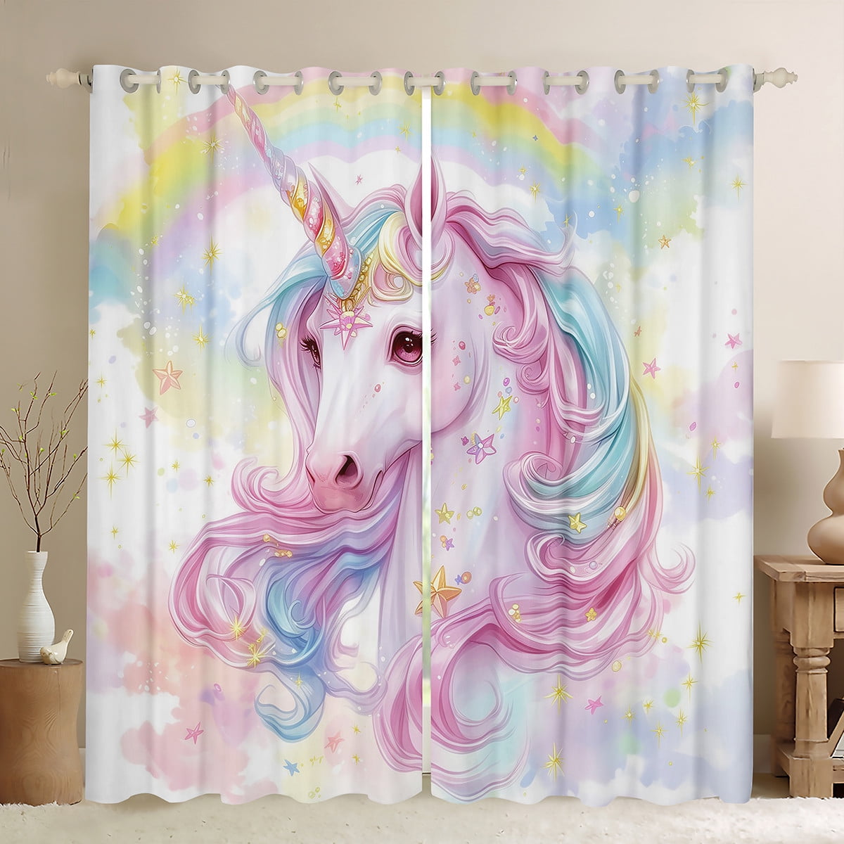 Pink Unicorn Curtains for Girls Rainbow Unicorn Blackout Curtains Galaxy Stars Fantasy Decor ...