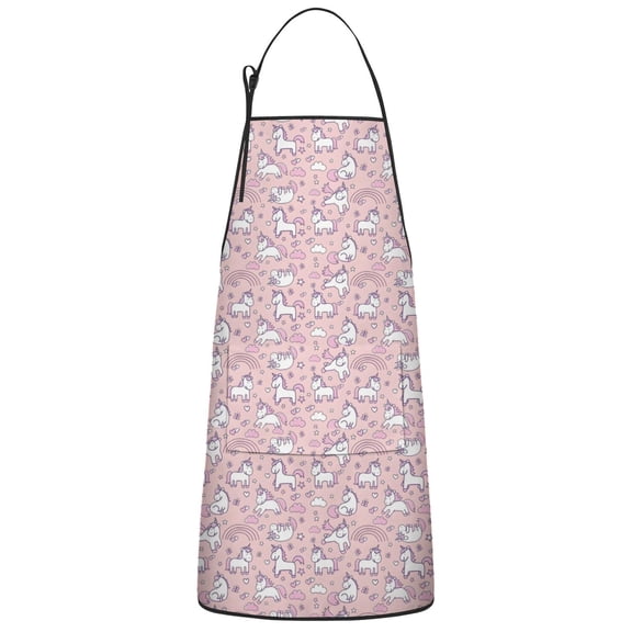 Pink Unicorn Doodle Pattern Apron-Garden Aprons for Women with Pockets-Cotton Linen Waterproof Kitchen Cooking Gardening Aprons Adjustable for Kitchen,Cooking,BBQ and Salon 33x27 Inch