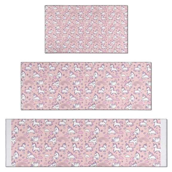 Pink Unicorn Doodle Pattern Kitchen Rugs Sets Of 3,Kitchen Runner Rugs Non Skid Washable,Decorative Kitchen Floor Mats for Kitchen,Sink,Laundry,17"x30"+ 17"x47" + 17"x59"