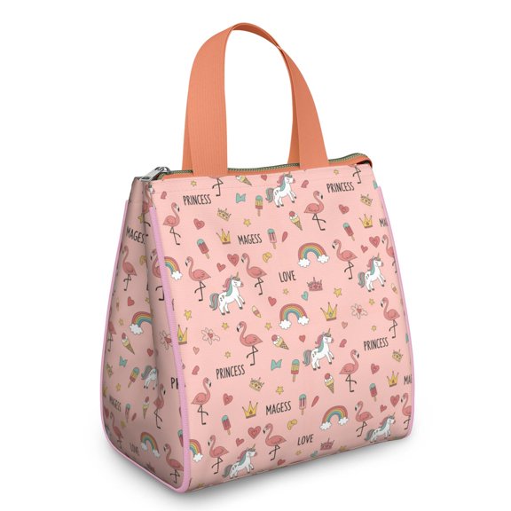 Pink Unicorn Flamingo Pattern Insulated Lunch Bag for Women & Adults,Large Portable Soft Cooler Lunch Bag,Thermal Food Storage Tote with Pearl Cotton,8.66L,8.75x5.75x9.5 Inch