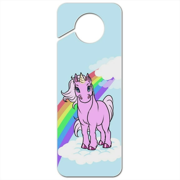 Pink Unicorn Floating on Cloud Rainbow Plastic Door Knob Hanger Sign - Image