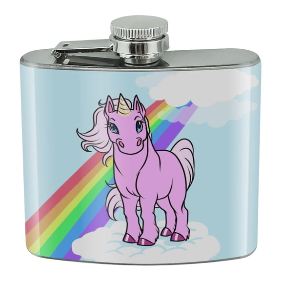 Pink Unicorn Floating on Cloud Rainbow Stainless Steel 5oz Hip Drink Kidney Flask