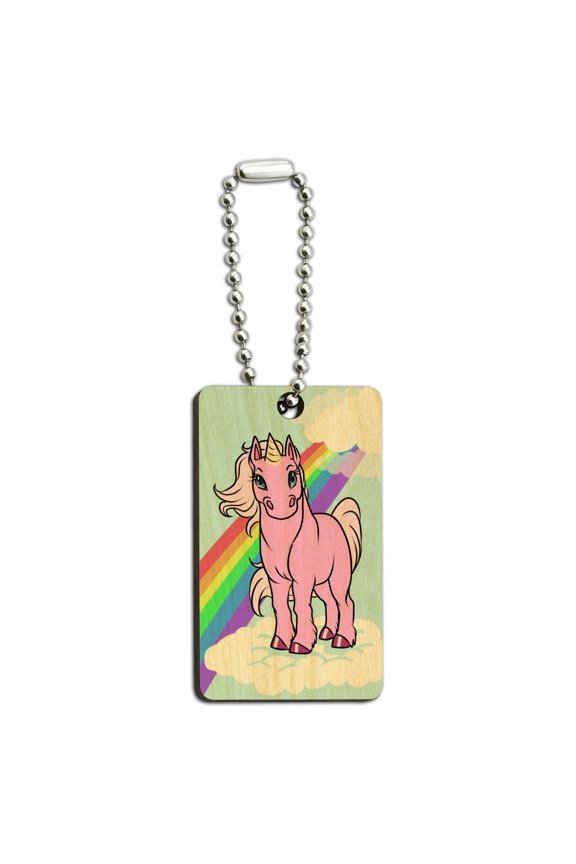 Pink Unicorn Floating on Cloud Rainbow Wood Wooden Rectangle Keychain Key Ring
