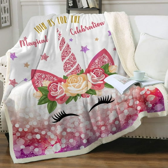 Pink Unicorn Floral Fleece Blanket Unicorn Eyelashes Sherpa Blanket for Kids Girls Adults Cozy Plush (Throw 50"x60")