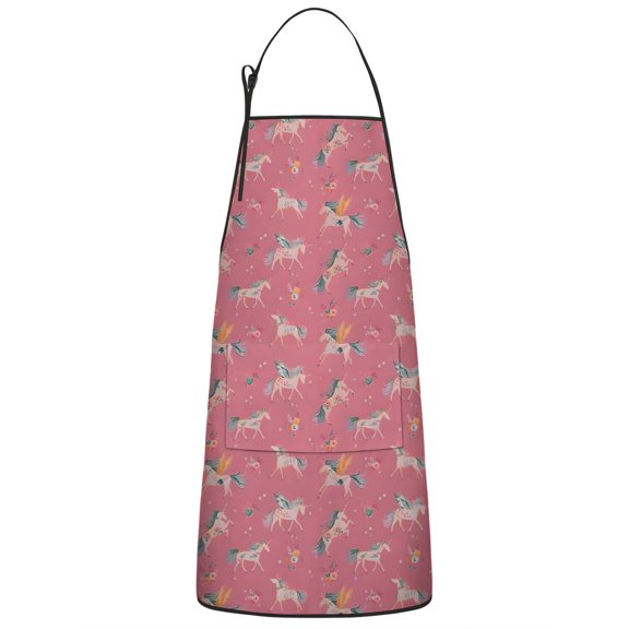 Pink Unicorn Floral Pattern Apron-Garden Aprons for Women with Pockets-Cotton Linen Waterproof Kitchen Cooking Gardening Aprons Adjustable for Kitchen,Cooking,BBQ and Salon 33x27 Inch