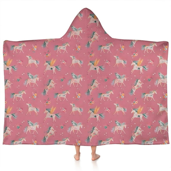 Pink Unicorn Floral Pattern Hooded Bath Towel，60"x35" for Ages 3 To 12 Kids, Quick Dry Lightweight Soft Microfiber Hood Beach Towel Cover Up for Kids