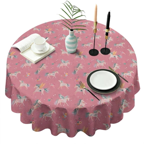 Pink Unicorn Floral Pattern Round Tablecloth 60"x60",Wrinkle Wipeable Table Cloth for Kitchen Dining Room Picnic Patio Party