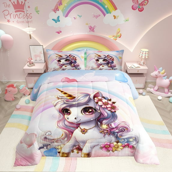 Pink Unicorn Full Bedding Sets , Rainbow Unicorn Comforter 3 Pcs Kawaii Rainbow Reversible Stars Bed Sets Teens Unicorn Room Decor All Season