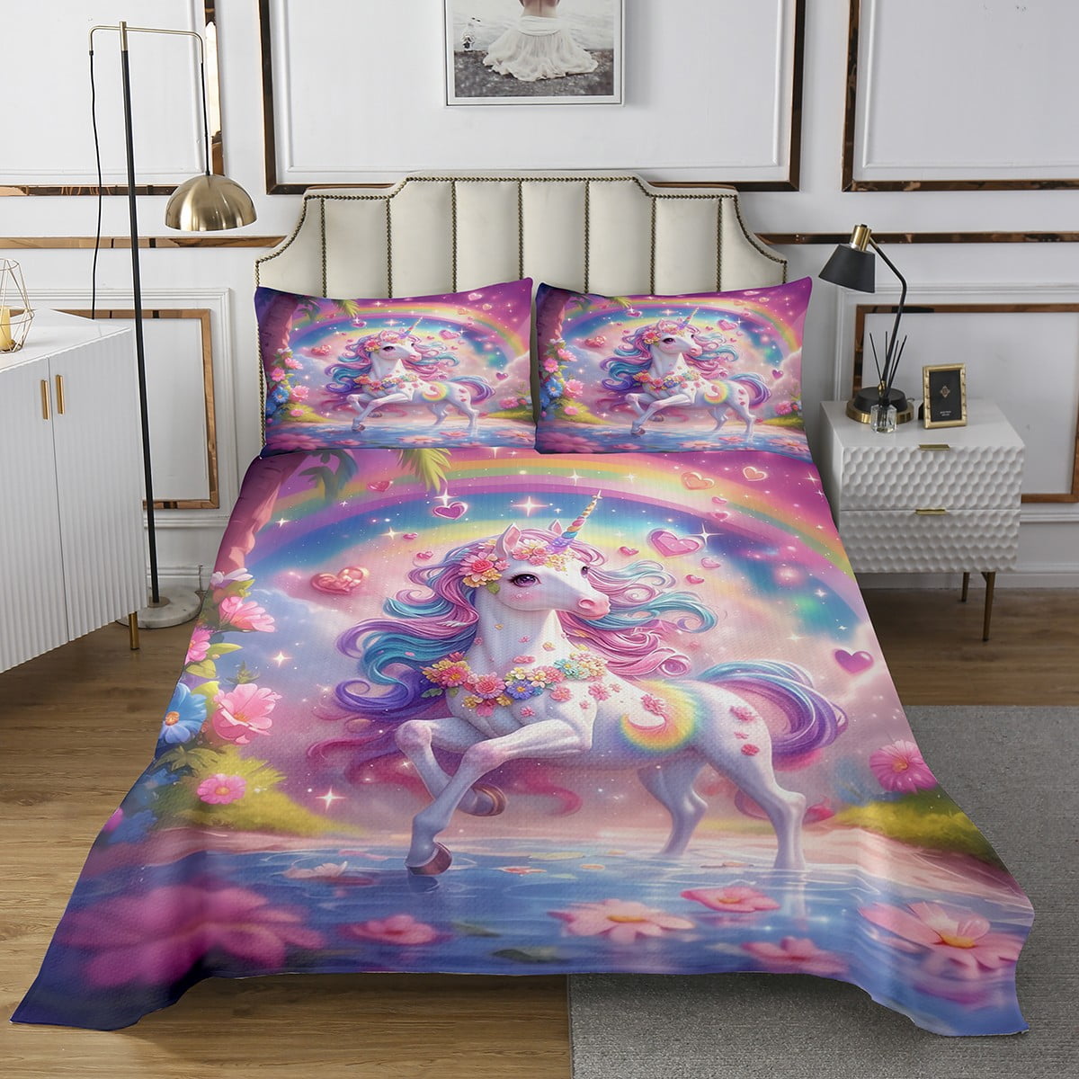 Pink Unicorn Kids Bedspread King Size Cute Cartoon Animal Unicorn Quilt ...