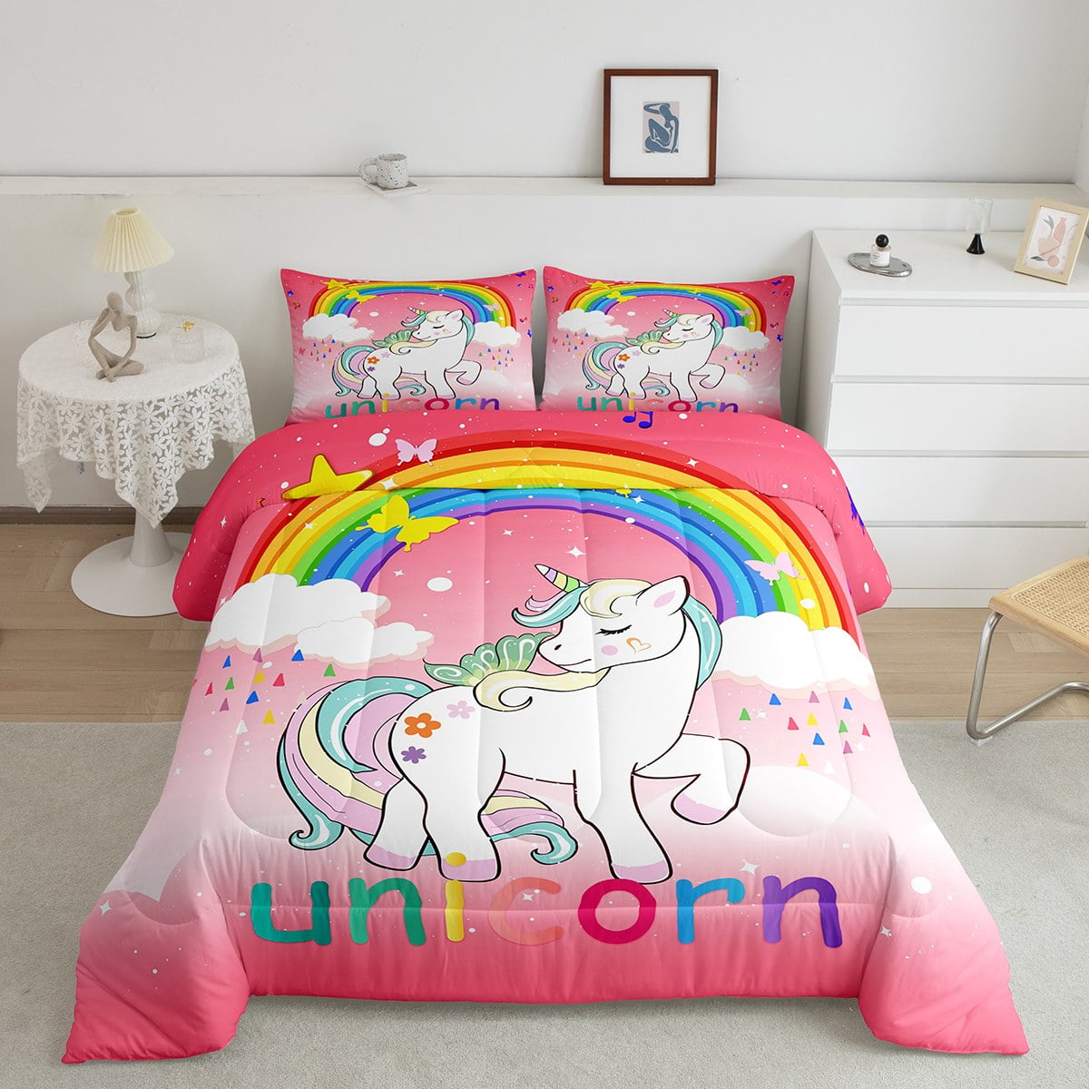 Pink Unicorn Kids Comforter Set for Girls Full Kawaii Rainbow Unicorn