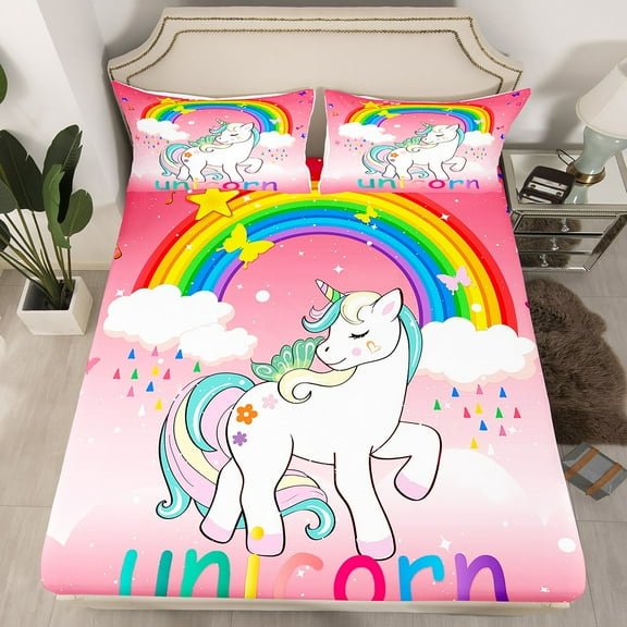Pink Unicorn Fitted Sheet Twin Kawaii Rainbow Unicorn Bed Sheets Cute White Horse Bedding Set Geometric Stars Cloud Sheets Ombre Unicorn Bed Set Room Decor with 1 Pillow Case Pocket