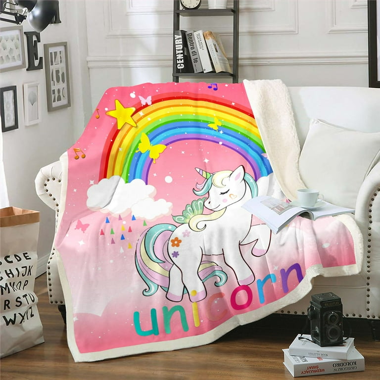 Pink Unicorn Kids Throw Blanket for Girls Throw Size Kawaii Rainbow Unicorn Fleece Blanket Cute White Horse Fuzzy Blanket Geometric Stars Cloud Sherpa Blanket Ombre Unicorn Bed Blanket Soft Warm Walma...